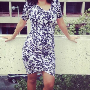 H&M Black White Stretch Knit Asymmetric Pintuck Ruched Sheath Dress Size Medium